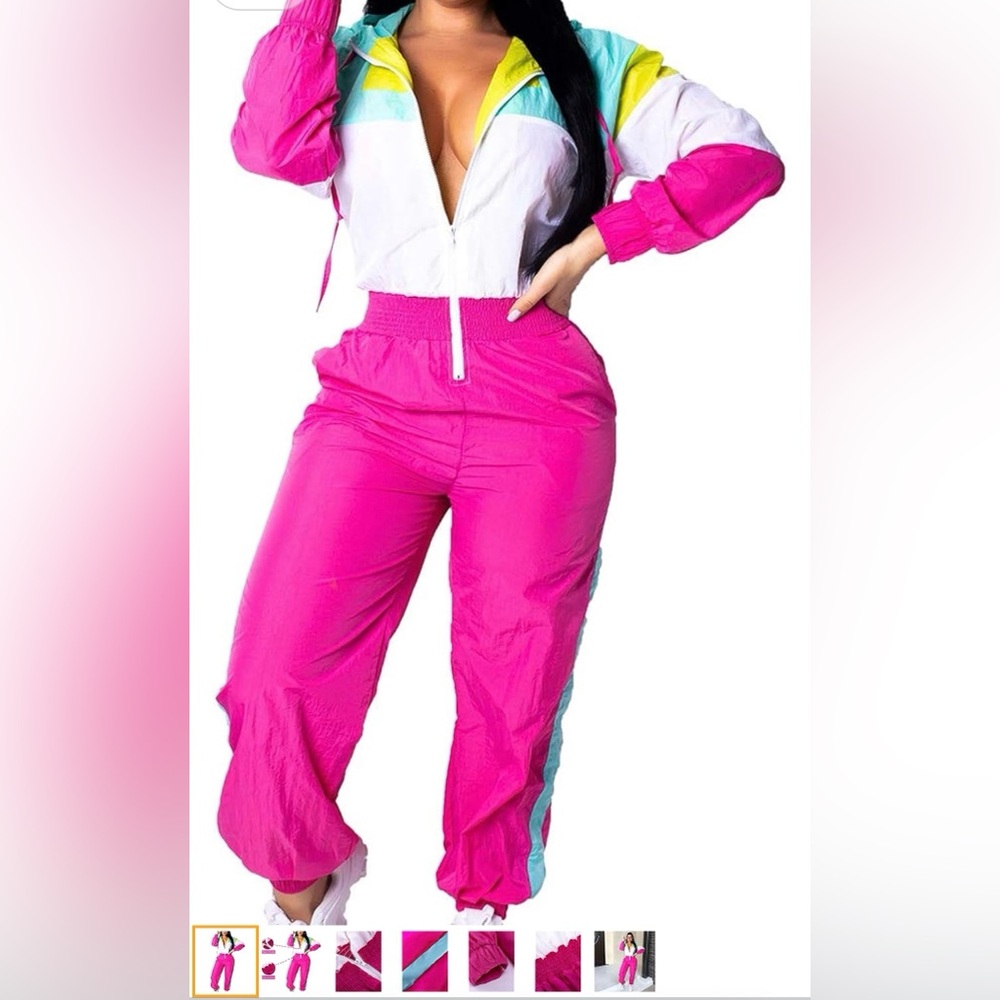 VOIKERDR Women Colorblock One Piece Outfits Set High Waist Windbreaker Jumpsuit - Picture 6 of 12